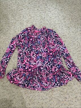 Lilly Pulitzer Savanna Swing of Things Long Sleeve Bright Navy Ruffle Blouse XXS